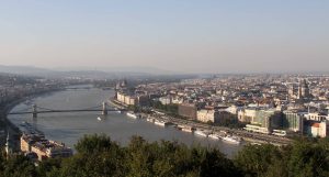 The Blue Danube and the Chain Bridge, seen from the Gellért Hill citadel.